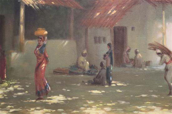 Indian School, oil on canvas, Indian Street scene, indistinctly signed, 66 x 122cm
